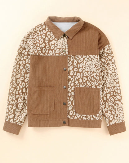 Brown Leopard Colorblock Corduroy Jacket