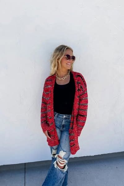 Blakeley Red Black Striped Speckled Open Cardigan