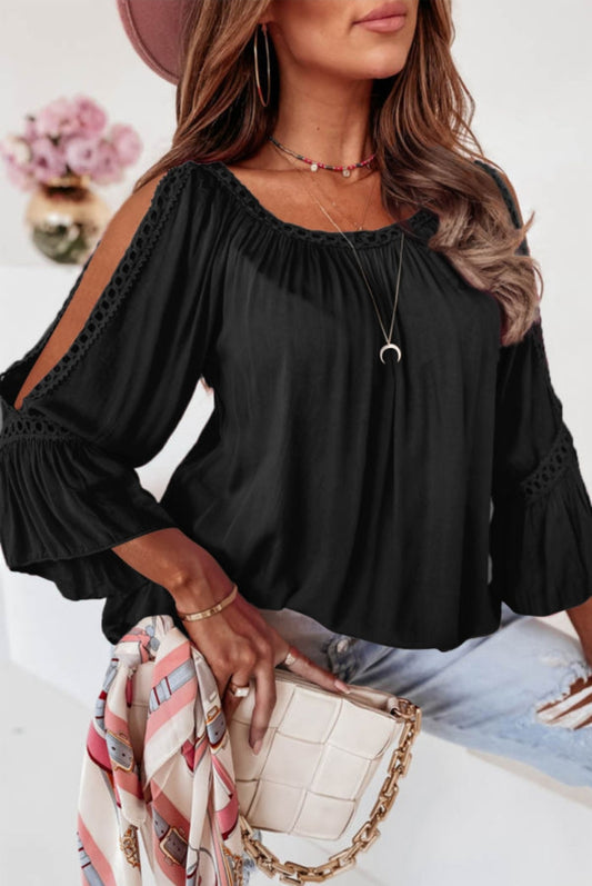 Black Open Cut Out Long Sleeve Blouse