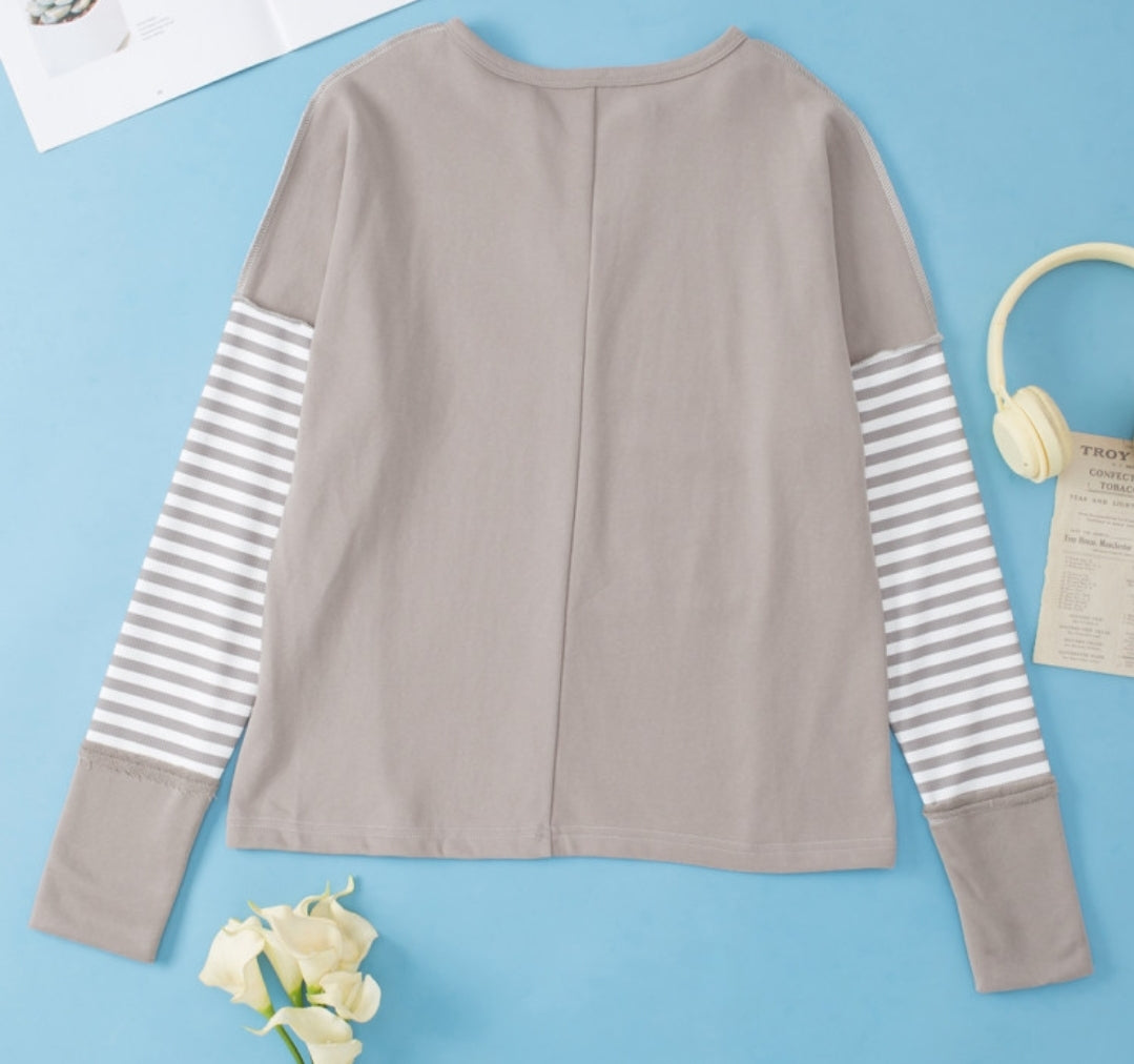 Khaki White Striped Leopard Print V-neck Long Sleeve Top