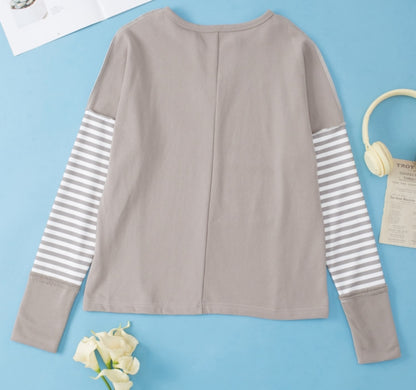 Khaki White Striped Leopard Print V-neck Long Sleeve Top