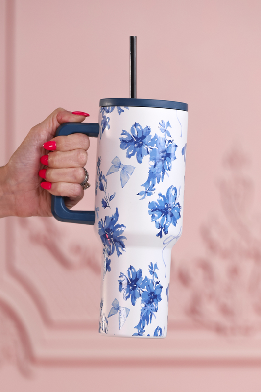 Jess Lea Blue White Blossom Floral 40 Oz Tumbler with Straw