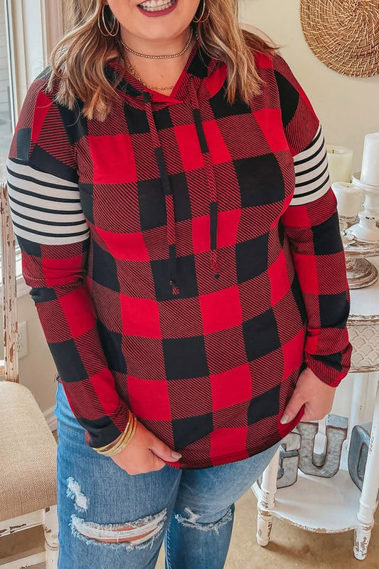 Plus Red Black Plaid & Stripe Lightweight Hoodie