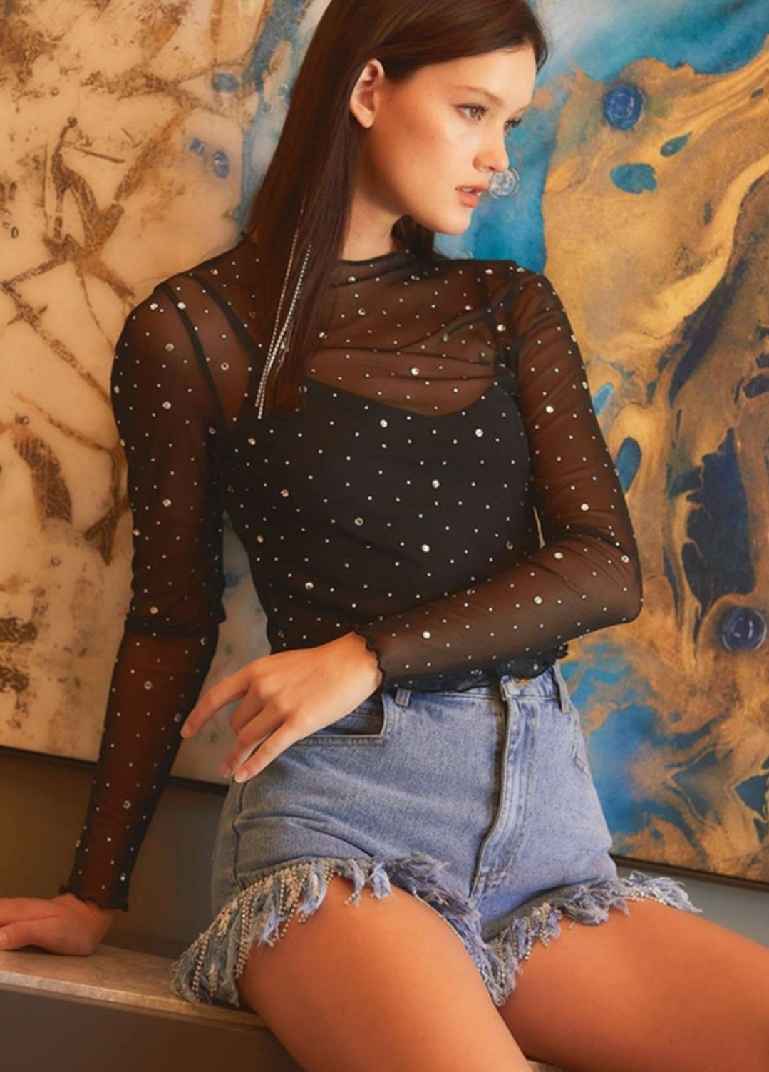 Black Sheer Long Sleeve with Rhinestones