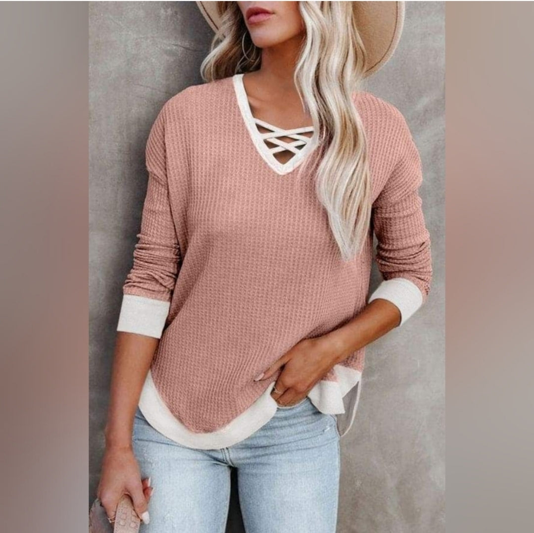 Pink White Waffle V-neck Criss-cross Neckline Long Sleeve Top
