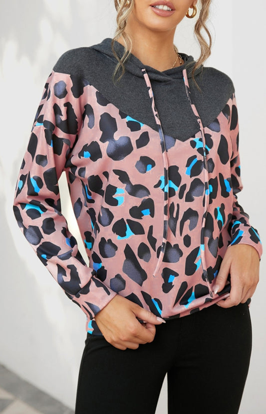 Pink Gray Animal Print Hooded Sweatshirt