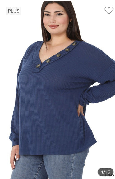 Zenana Waffle V-neck Button Accents Long Sleeve Top