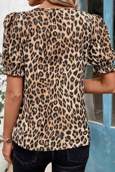 Leopard Ruffled Neckline Short Puff Sleeve Top