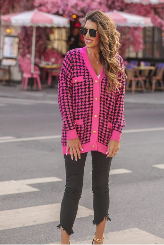 Jess Lea Pink Black Houndstooth Button Down Cardigan Sweater