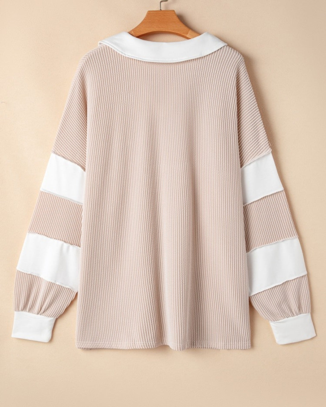 Plus Beige White Collared V-neck Ribbed Long Sleeve Top