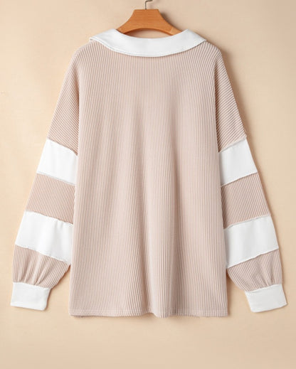 Plus Beige White Collared V-neck Ribbed Long Sleeve Top